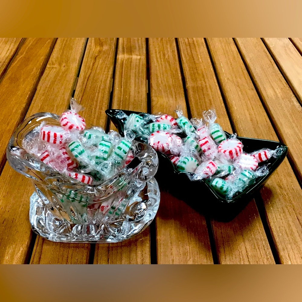 Christmas candy dishes.  Sleigh and Christmas tree
